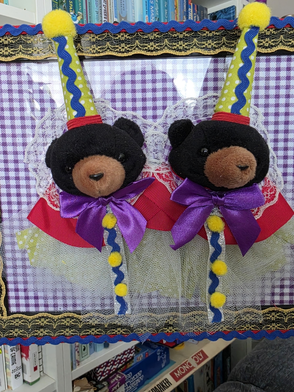 Handmade Plush Bear Clown Wall Decor - Black & Brown with Purple Bows